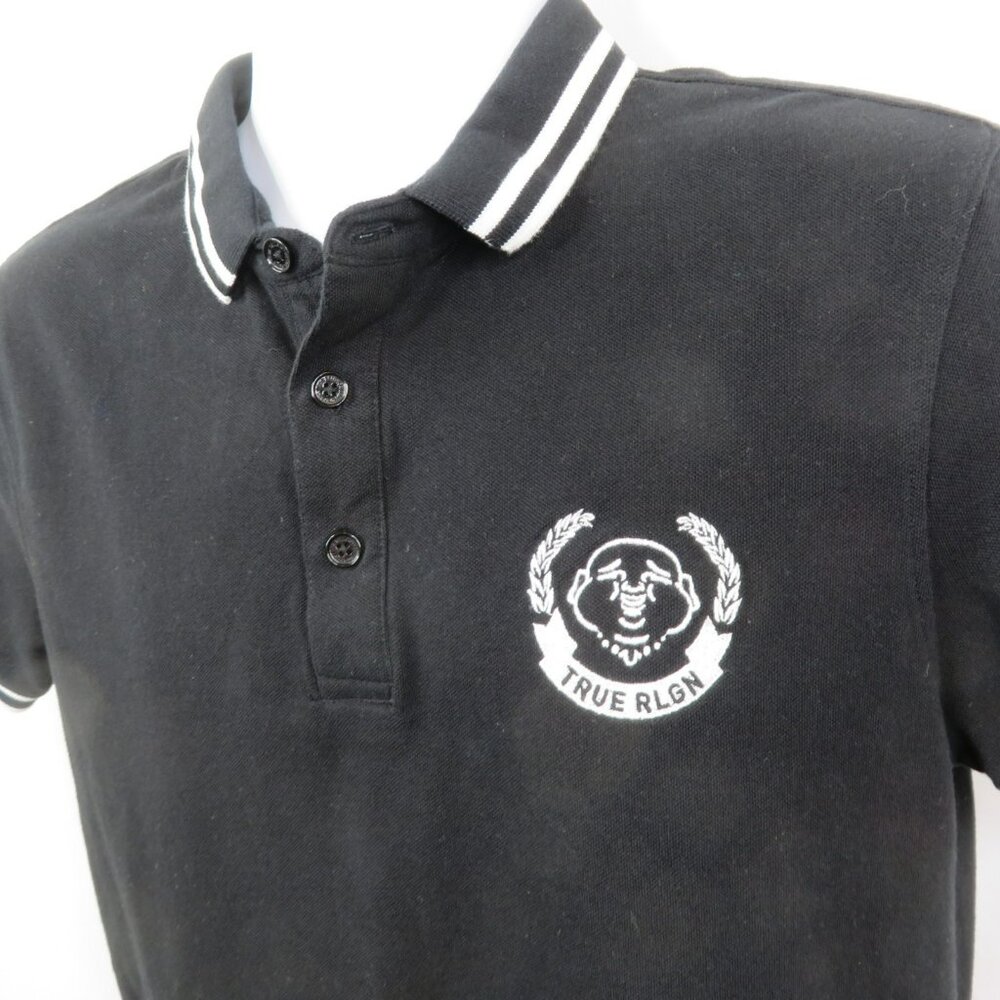 True Religion Polo Shirt Mens S 100% Cotton Black SS Logo Straight Bottom